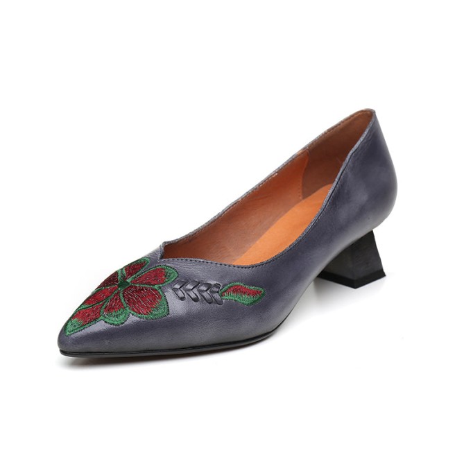 Handmade Genuine Leather Embroidered Retro Pointed Toe Heels Red Pumps Women Shoes Block Heels Slip On Office Shoes Grey/Coffee
