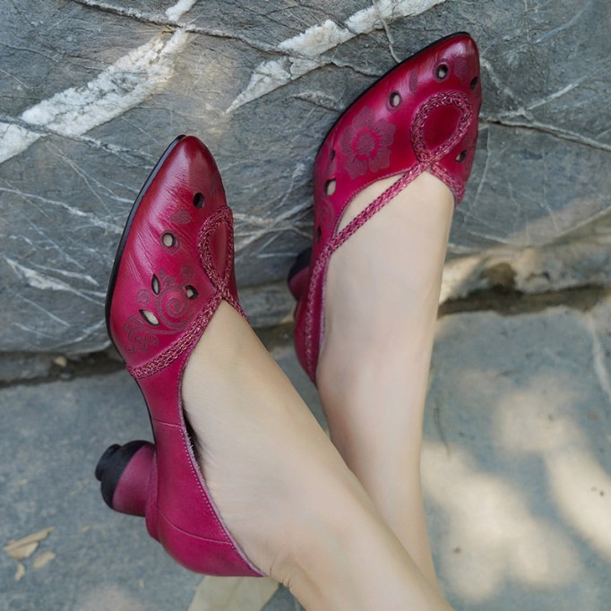 Retro Pumps For Women Leather Handmade Block Heel Pointed Shoes Loafers purple/Coffee