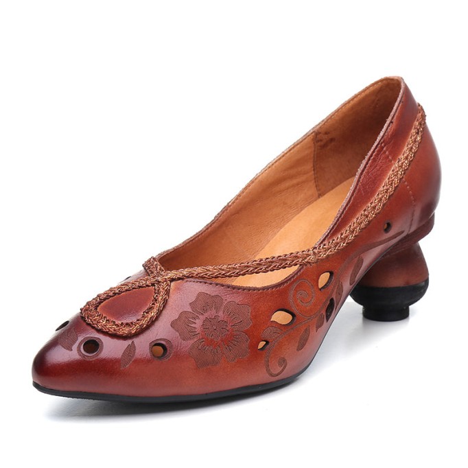 Retro Pumps For Women Leather Handmade Block Heel Pointed Shoes Loafers purple/Coffee