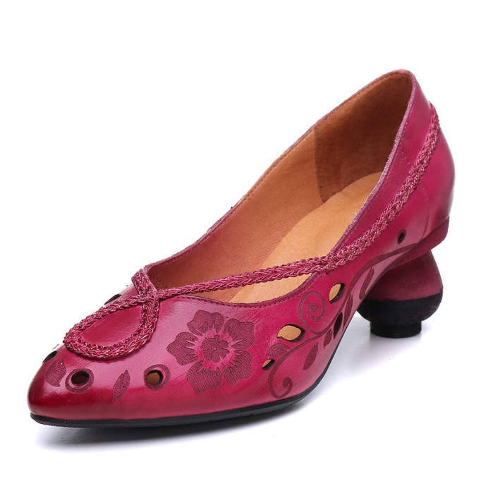 Retro Pumps For Women Leather Handmade Block Heel Pointed Shoes Loafers purple/Coffee