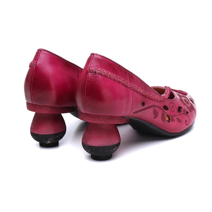 Retro Pumps For Women Leather Handmade Block Heel Pointed Shoes Loafers purple/Coffee