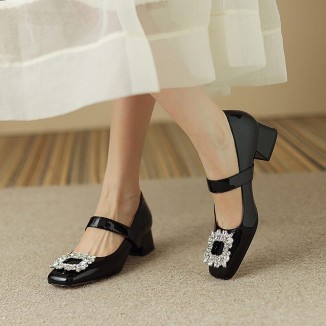 Handmade Patent Leather Mary Jane Pumps Block Heel Office Shoes in Red/Black