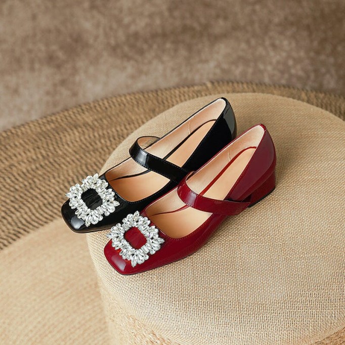 Handmade Patent Leather Mary Jane Pumps Block Heel Office Shoes in Red/Black