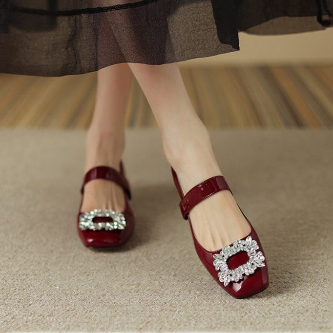 Handmade Patent Leather Mary Jane Pumps Block Heel Office Shoes in Red/Black