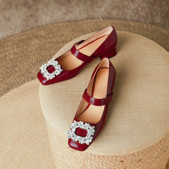 Handmade Patent Leather Mary Jane Pumps Block Heel Office Shoes in Red/Black