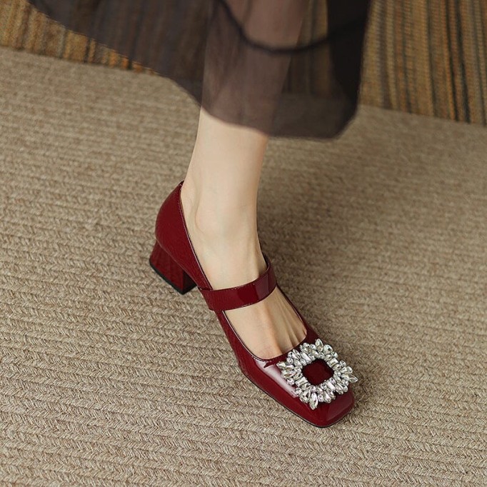 Handmade Patent Leather Mary Jane Pumps Block Heel Office Shoes in Red/Black