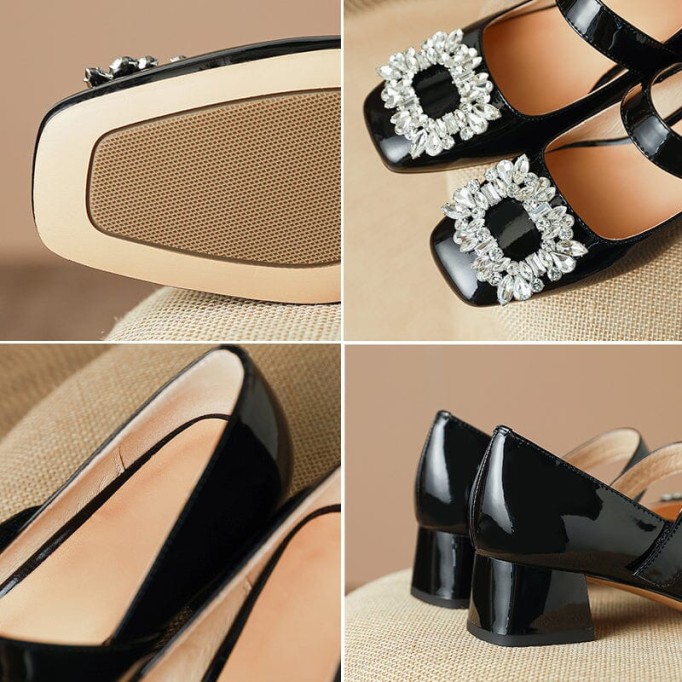 Handmade Patent Leather Mary Jane Pumps Block Heel Office Shoes in Red/Black