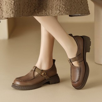 Handmade Leather Platform Mary Jane Shoes In Khaki/Brown