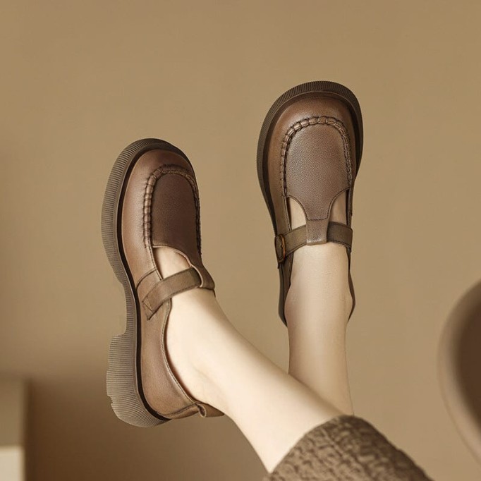 Handmade Leather Platform Mary Jane Shoes In Khaki/Brown