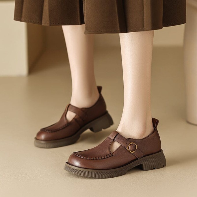 Handmade Leather Platform Mary Jane Shoes In Khaki/Brown