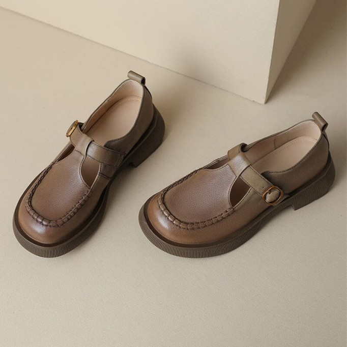 Handmade Leather Platform Mary Jane Shoes In Khaki/Brown