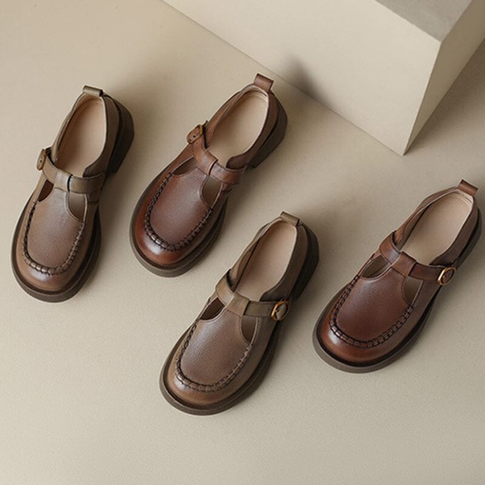 Handmade Leather Platform Mary Jane Shoes In Khaki/Brown