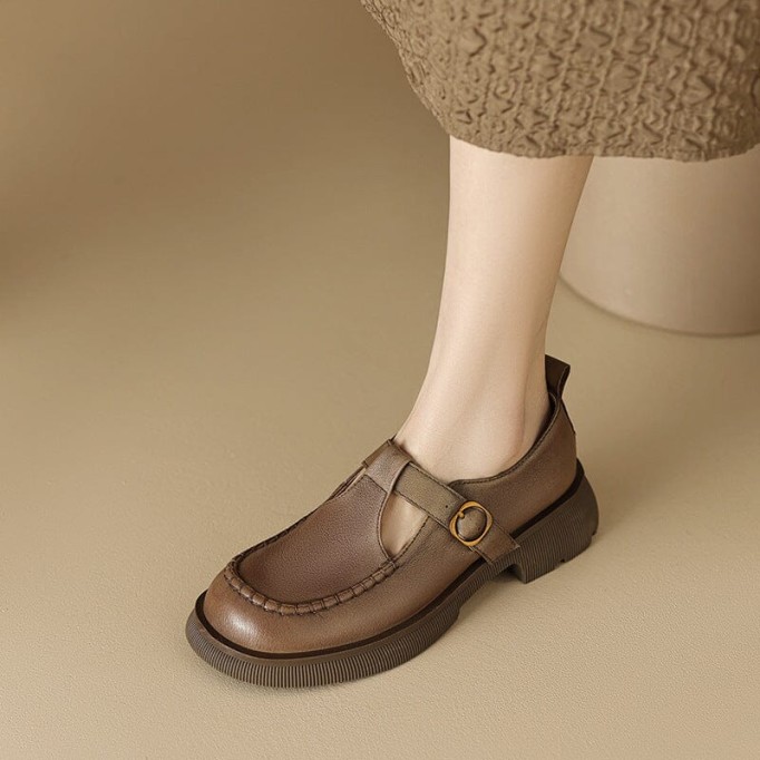 Handmade Leather Platform Mary Jane Shoes In Khaki/Brown
