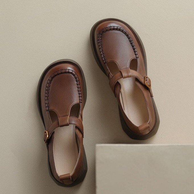 Handmade Leather Platform Mary Jane Shoes In Khaki/Brown