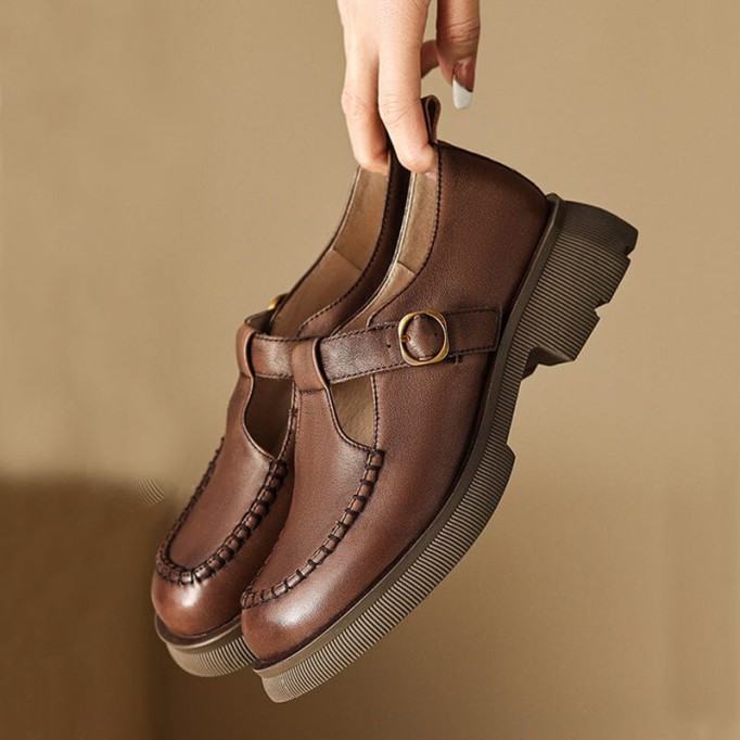 Handmade Leather Platform Mary Jane Shoes In Khaki/Brown