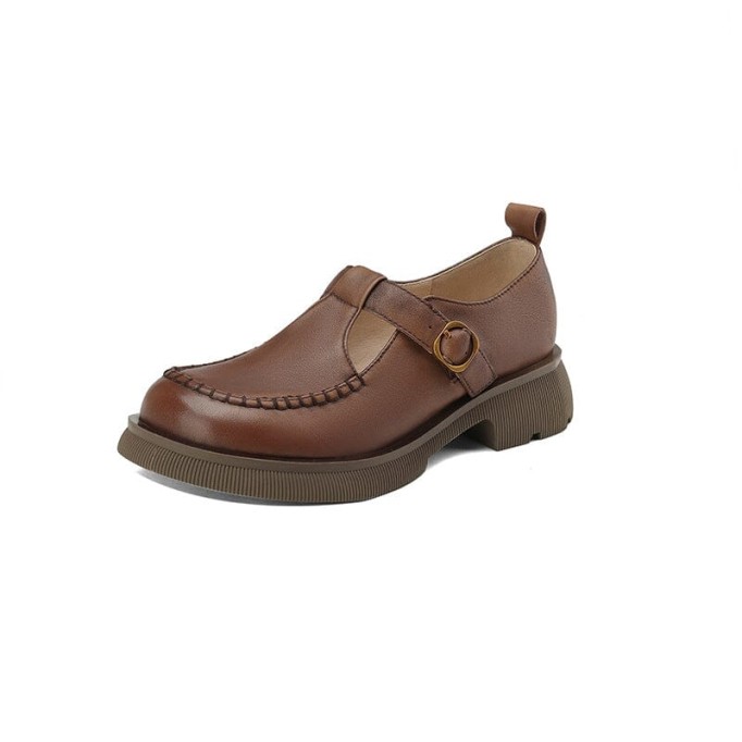 Handmade Leather Platform Mary Jane Shoes In Khaki/Brown