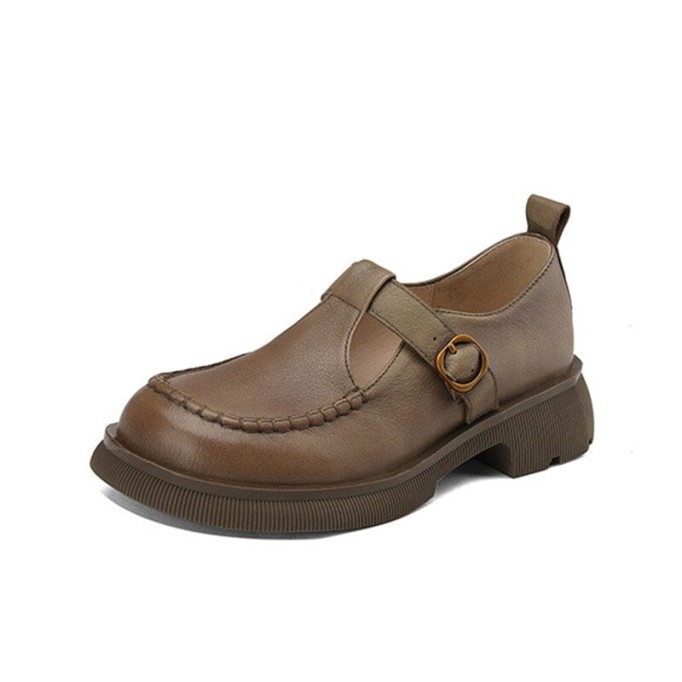 Handmade Leather Platform Mary Jane Shoes In Khaki/Brown