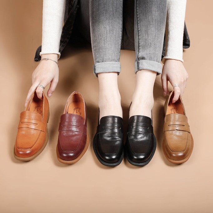 Handmade Leather Penny Loafers For Women In Red/Khaki/Brown/Black