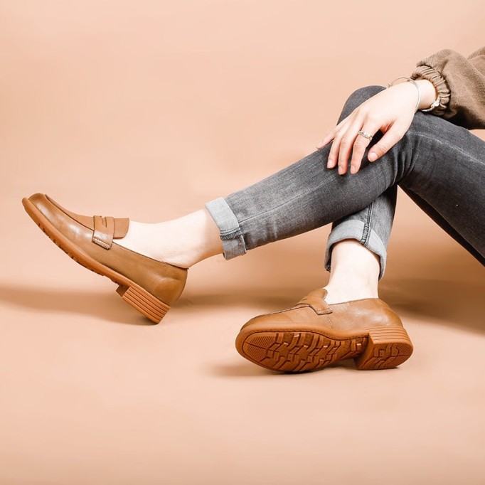 Handmade Leather Penny Loafers For Women In Red/Khaki/Brown/Black