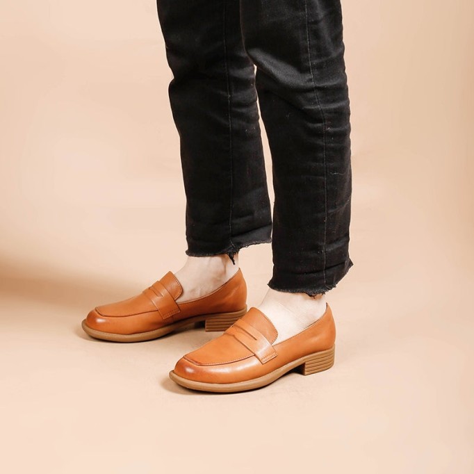 Handmade Leather Penny Loafers For Women In Red/Khaki/Brown/Black