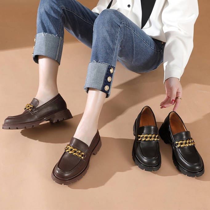 Horsebit-Detailed Handmade Leather Platform Loafers For Women In Black/Coffee