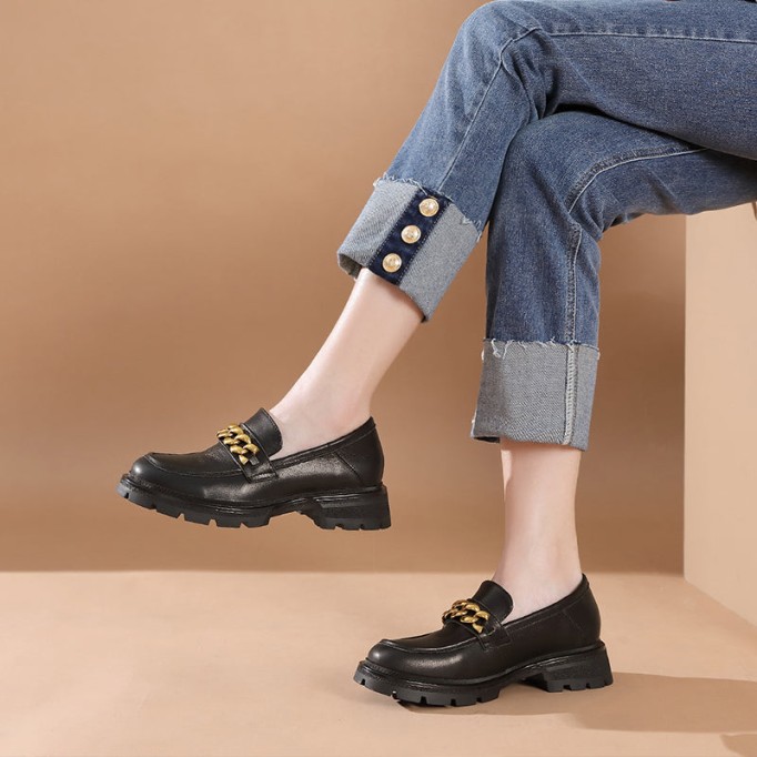 Horsebit-Detailed Handmade Leather Platform Loafers For Women In Black/Coffee