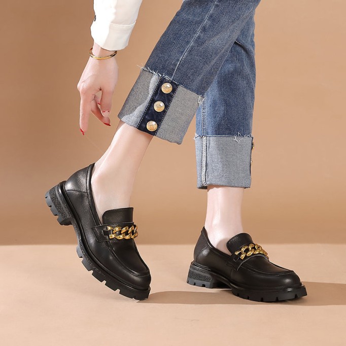 Horsebit-Detailed Handmade Leather Platform Loafers For Women In Black/Coffee