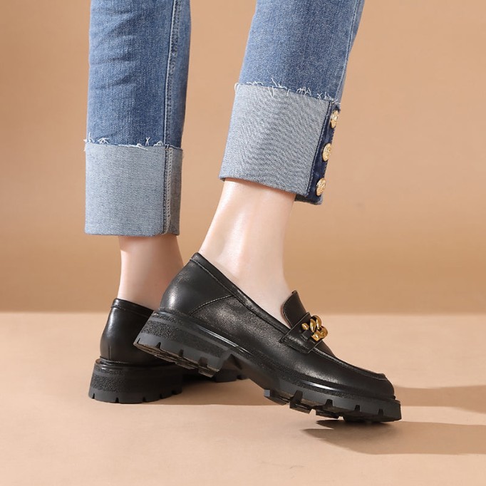 Horsebit-Detailed Handmade Leather Platform Loafers For Women In Black/Coffee