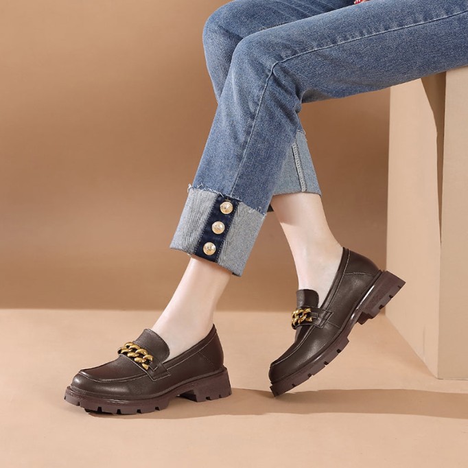 Horsebit-Detailed Handmade Leather Platform Loafers For Women In Black/Coffee