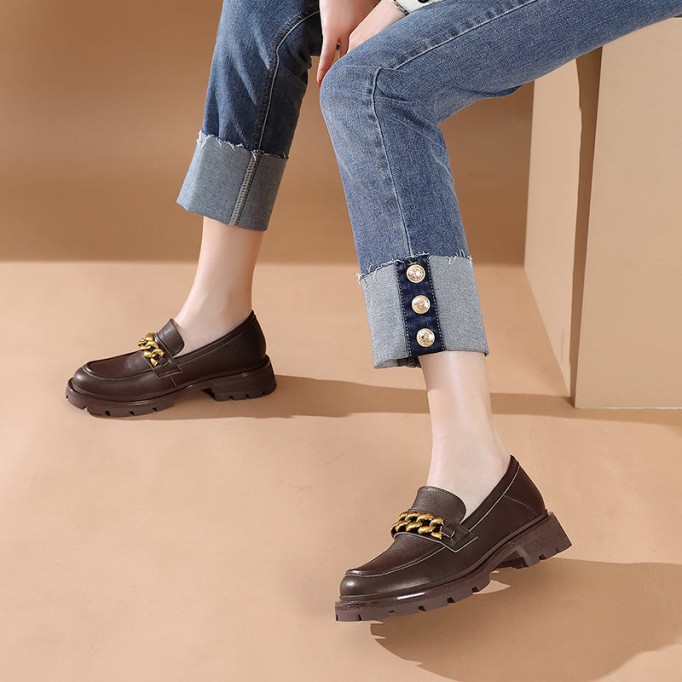 Horsebit-Detailed Handmade Leather Platform Loafers For Women In Black/Coffee