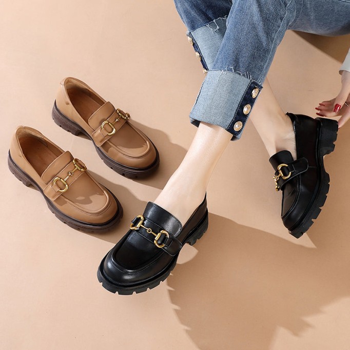 Horsebit-Detailed Handmade Leather Platform Loafers For Women In Black/Camel