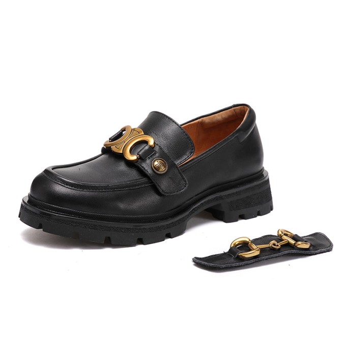 Horsebit-Detailed Handmade Leather Platform Loafers For Women In Black/Camel