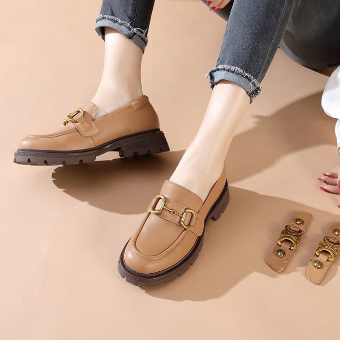 Horsebit-Detailed Handmade Leather Platform Loafers For Women In Black/Camel