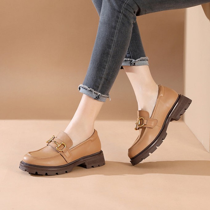 Horsebit-Detailed Handmade Leather Platform Loafers For Women In Black/Camel