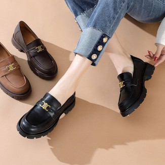 Leather Metal Buckle Platform Loafers For Women In Black/Coffee/Camel/Dark Coffee