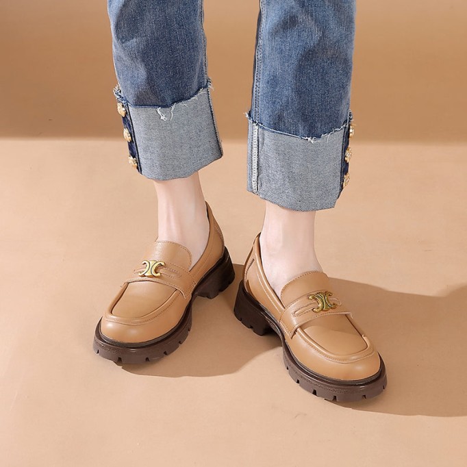 Leather Metal Buckle Platform Loafers For Women In Black/Coffee/Camel/Dark Coffee