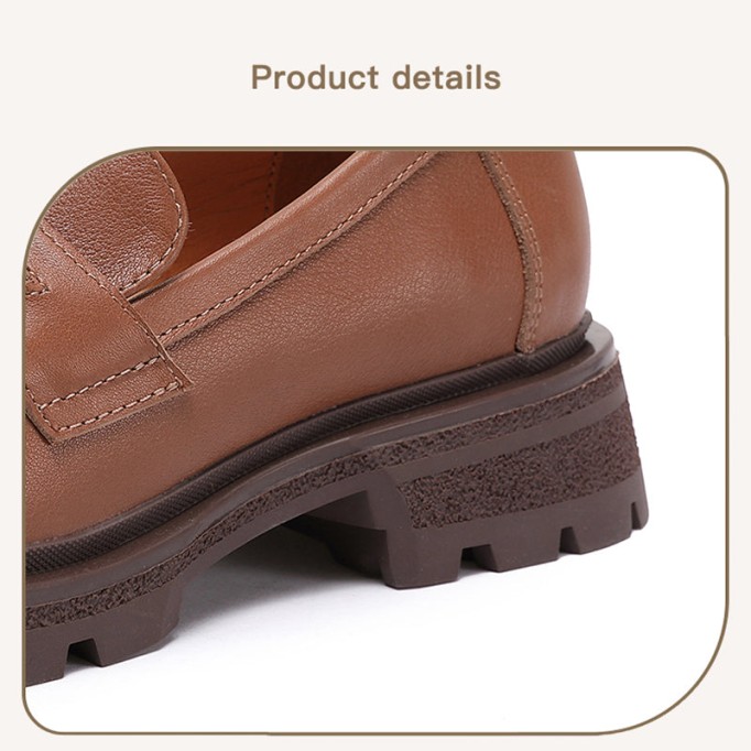 Leather Metal Buckle Platform Loafers For Women In Black/Coffee/Camel/Dark Coffee