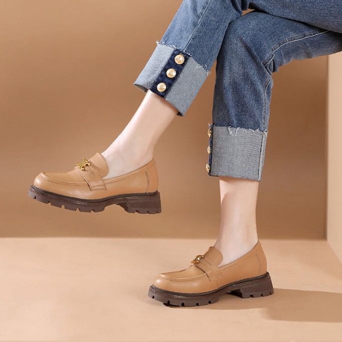 Leather Metal Buckle Platform Loafers For Women In Black/Coffee/Camel/Dark Coffee