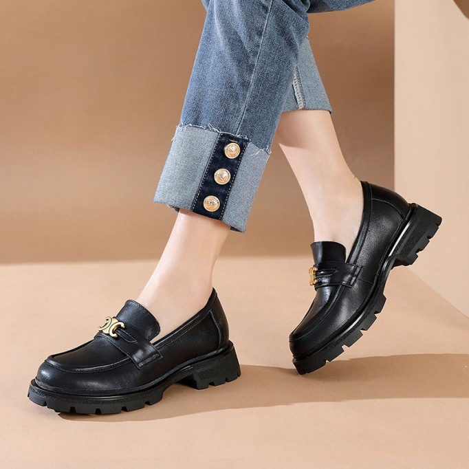 Leather Metal Buckle Platform Loafers For Women In Black/Coffee/Camel/Dark Coffee