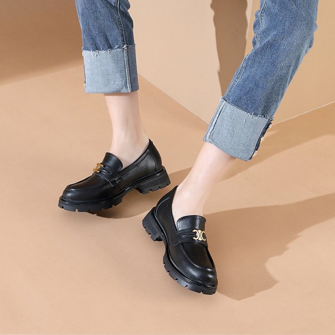 Leather Metal Buckle Platform Loafers For Women In Black/Coffee/Camel/Dark Coffee