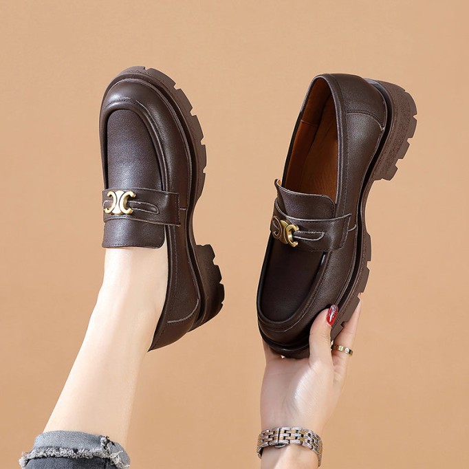 Leather Metal Buckle Platform Loafers For Women In Black/Coffee/Camel/Dark Coffee