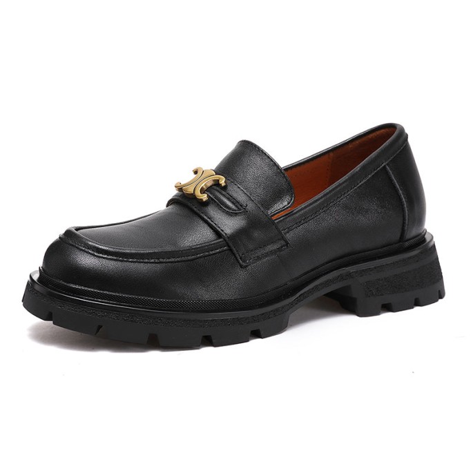 Leather Metal Buckle Platform Loafers For Women In Black/Coffee/Camel/Dark Coffee