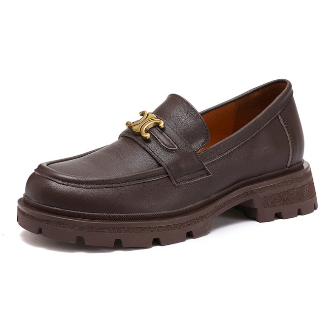 Leather Metal Buckle Platform Loafers For Women In Black/Coffee/Camel/Dark Coffee