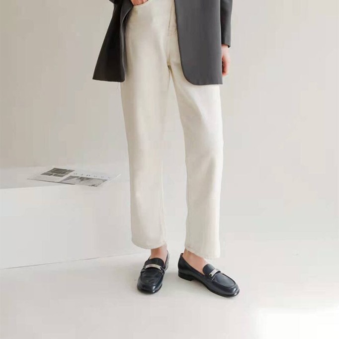 Retro Soft Leather Penny Loafers for Women Square Toe in Blue/Black/Camel