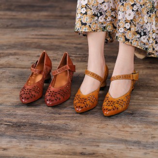 Pumps Women Leather Hollow Chunky High Heels Pointed Shoes Coffee/Camel