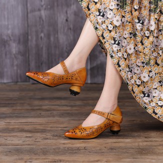Pumps Women Leather Hollow Chunky High Heels Pointed Shoes Coffee/Camel
