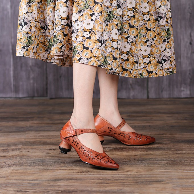 Pumps Women Leather Hollow Chunky High Heels Pointed Shoes Coffee/Camel