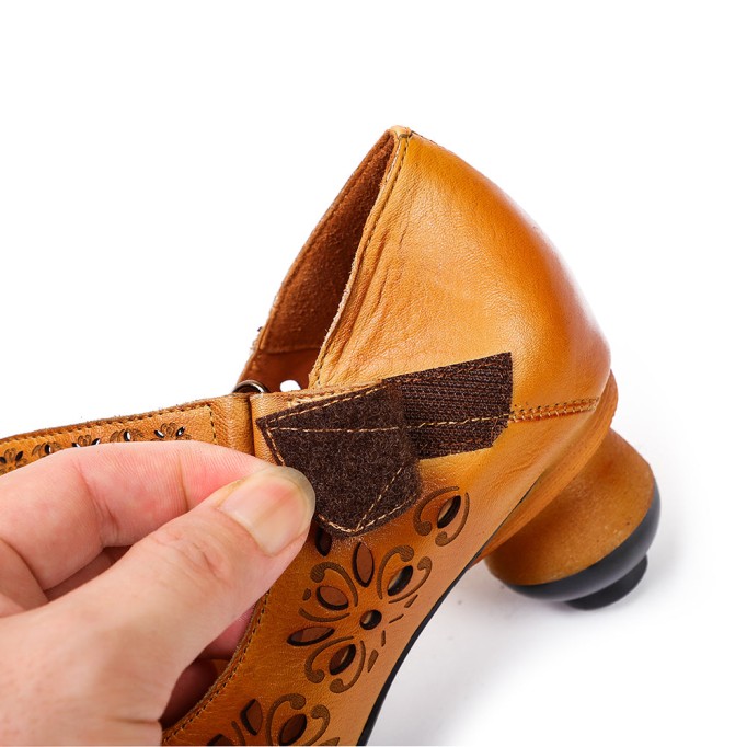 Pumps Women Leather Hollow Chunky High Heels Pointed Shoes Coffee/Camel