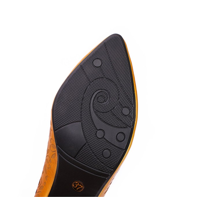 Pumps Women Leather Hollow Chunky High Heels Pointed Shoes Coffee/Camel