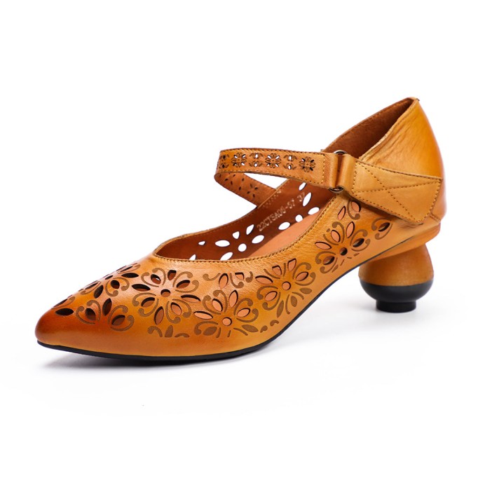 Pumps Women Leather Hollow Chunky High Heels Pointed Shoes Coffee/Camel